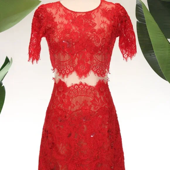 Marchessa Notte Red Diane Dress, Red Beaded Lace, Size 0 - Picture 5 of 15